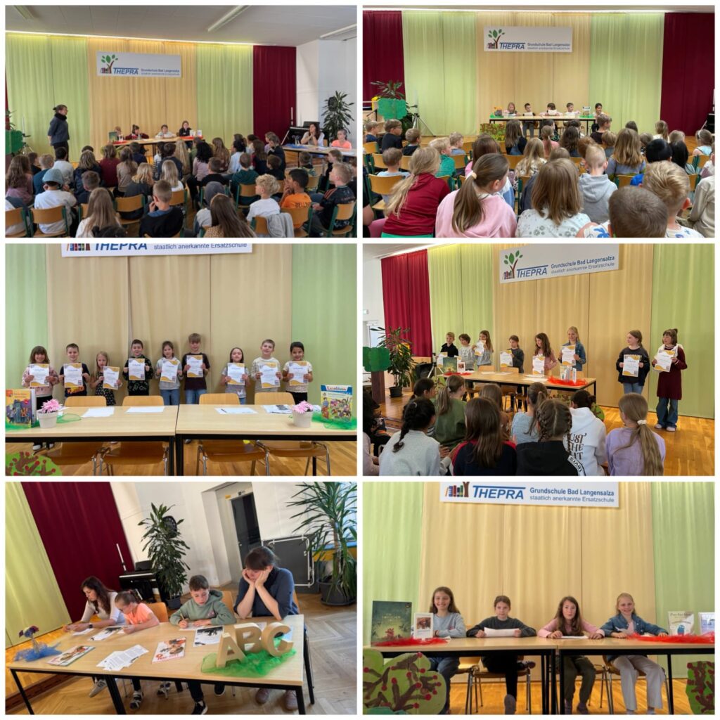 Das Bild besteht aus mehreren Teilbildern. in diesen sieht man Kinder die auf einer Bühne sitzen und lesen. Andere Kinder hören dabei zu. Am End e erhalten diese eine Urkunde.