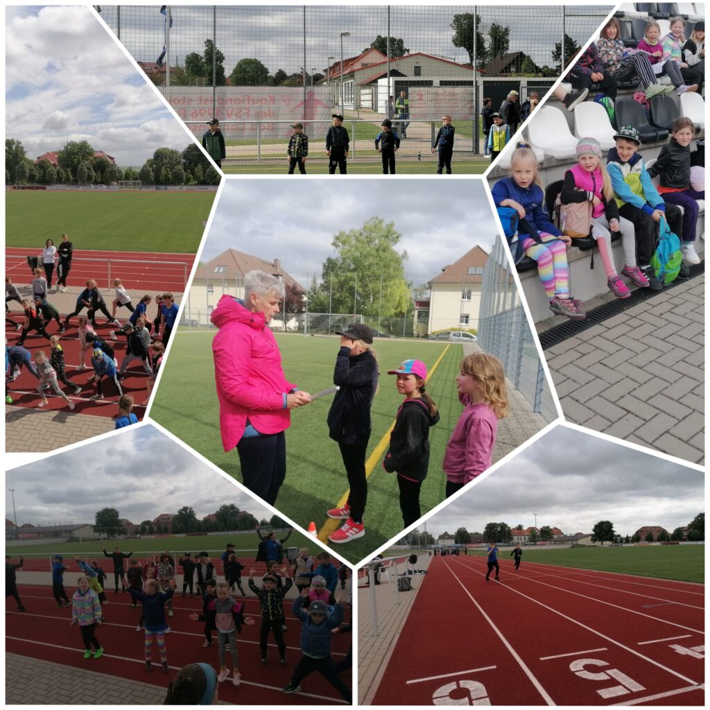 Das Bild besteht aus mehreren Teilbildern. Diese zeigen ein Sportfest. Dabei Sind die Kinder auf der Laufbahn und wärmen sich auf.