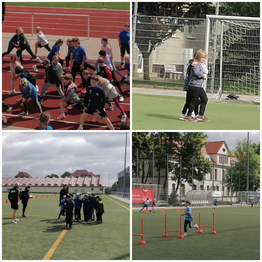 Kinder wärmen sich zum Sportfest auf.