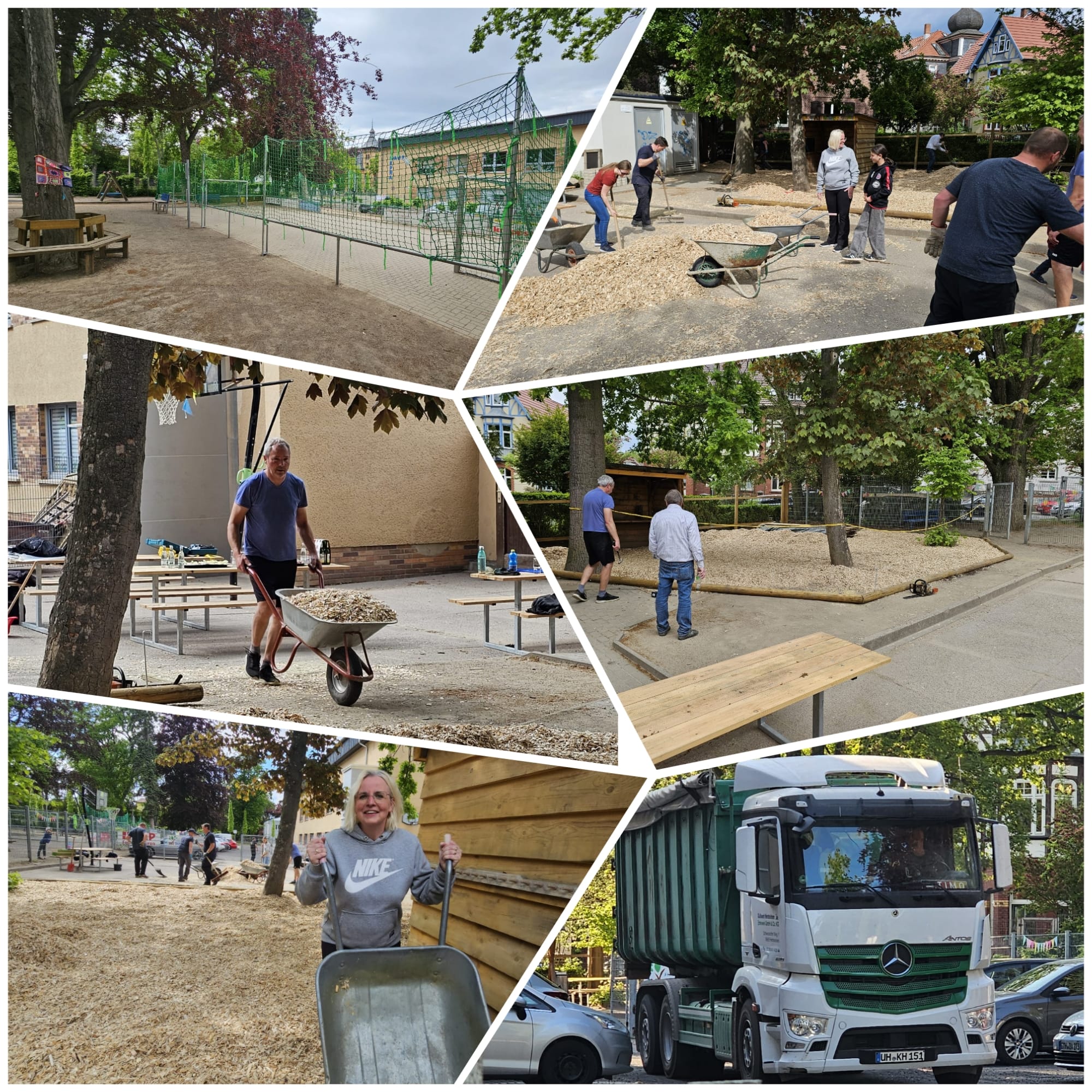 Das Bild besteht aus mehreren Teilbildern auf den der Umbau des Parks zu sehen sind.