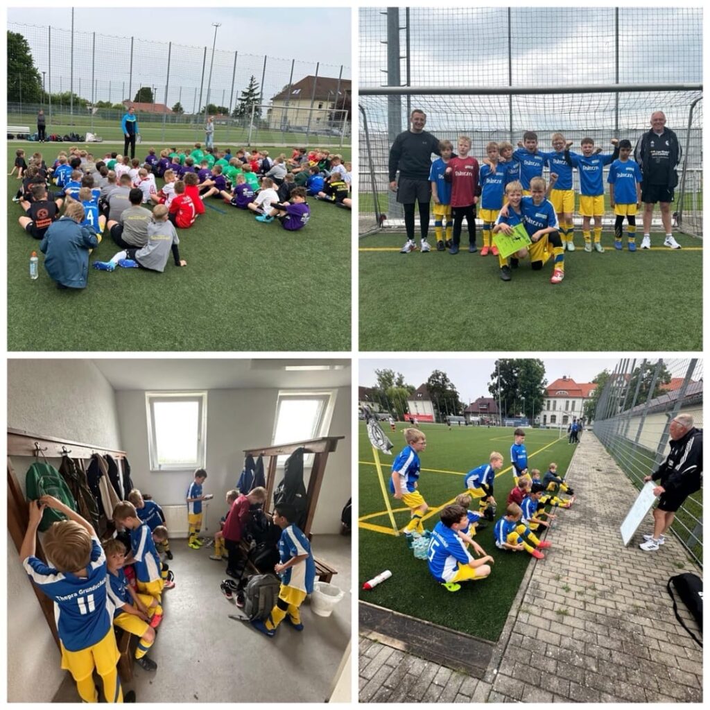 Kinder in Fußballklamotten auf dem Fußballfeld. 