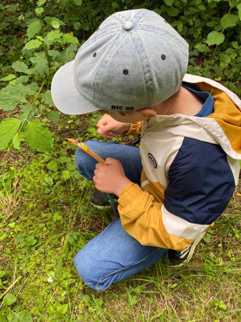 Junge sitzt auf dem Boden und schaut sich Blüten an die er gefunden hat.