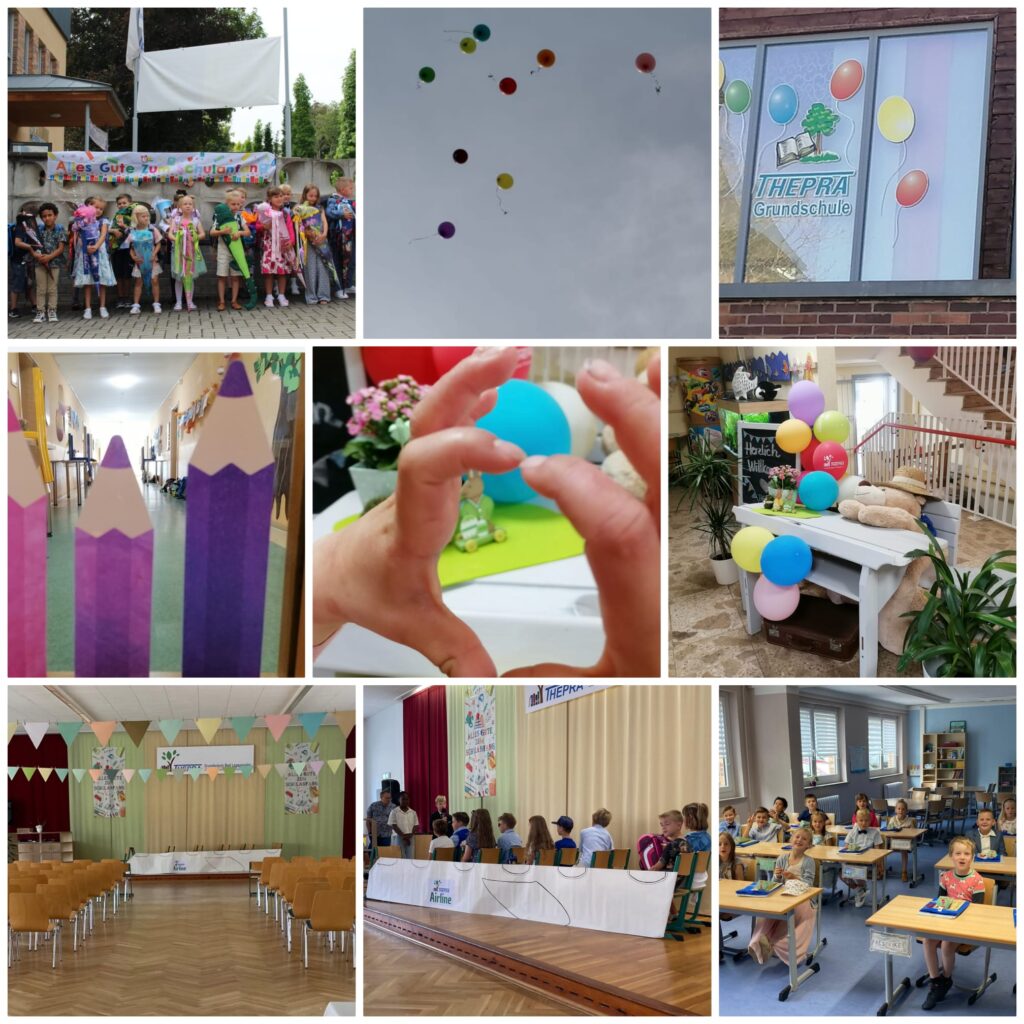 Das Schulgebäude von innen und fliegende Luftballons.