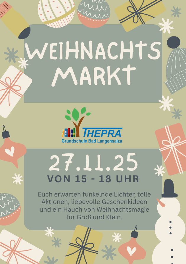 Weihnachtsmarkt
am 27.11.2025 von 15-18 Uhr.
Euch erwarten funkelnde Lichter, tolle Aktionen, liebevolle Geschenkideen und ein Hauch von Weihnachtsmagie für Groß und Klein.