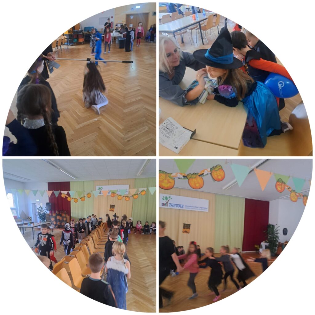 Kinder spielen im Saal Stuhltanz, machen eine Polonaise und versuchen sich beim Limbo.