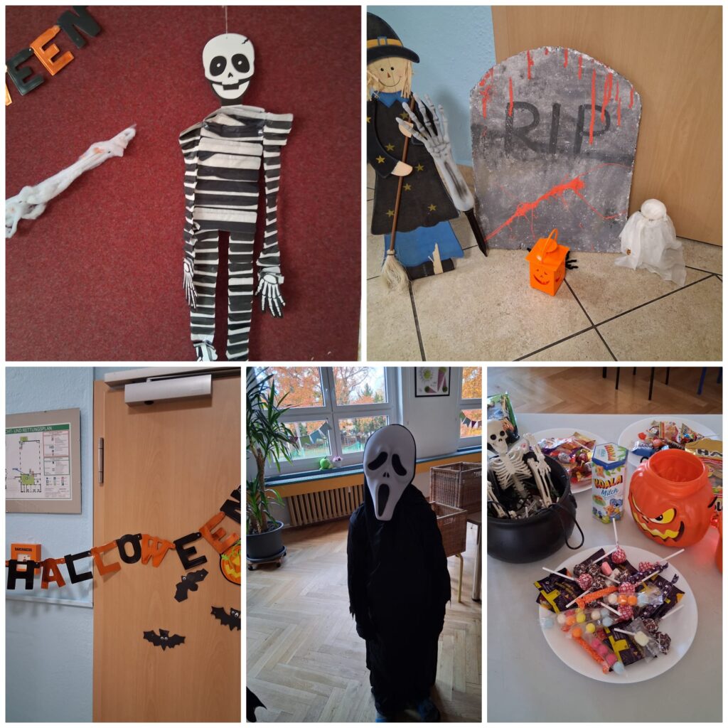 Halloweendekoration und ein verkleidetes Kind mit Maske.