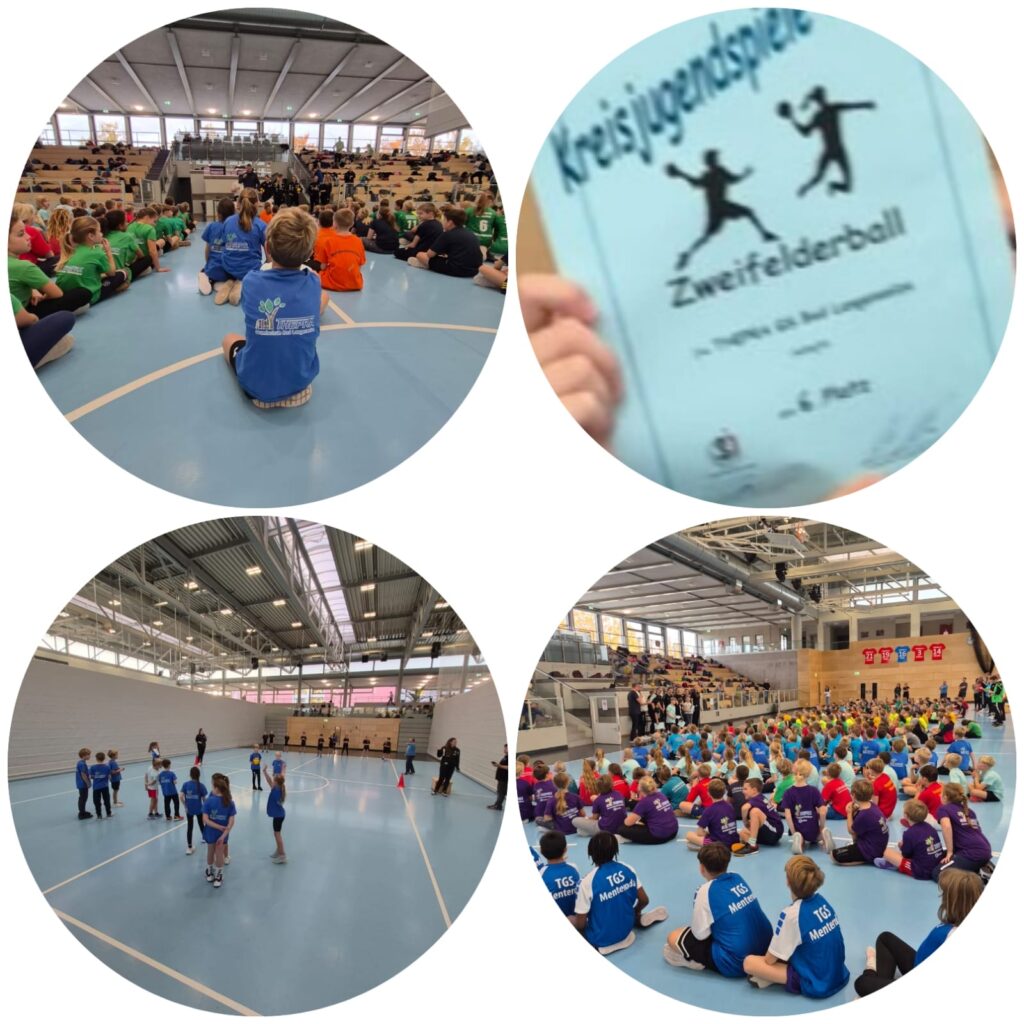 Kinder sitzen in der Sporthalle auf dem Boden in ihren Teams. Sie haben den sechsten Platz beim Zweifelderball Turnier geholt.